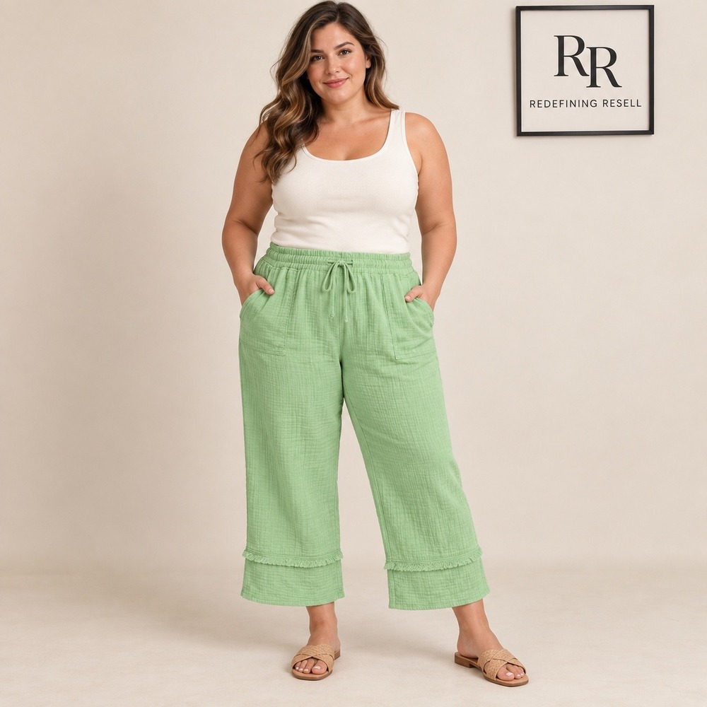 Umgee USA Lime Green Cotton Gauze Wide Leg Cropped Pants Plus Size XL WK7184